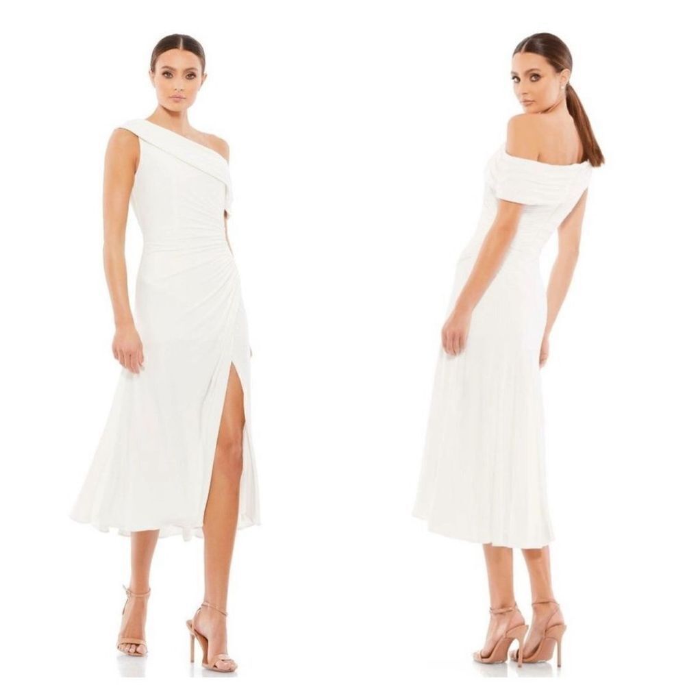 Mac Duggal RUCHED OFF-THE-SHOULDER MIDI DRESS White NWT Size 6